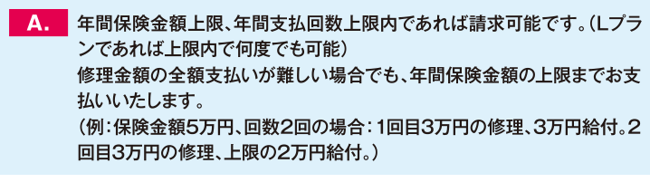 年間保険金額上限、年間支払回数上限内であれば請求可能です。（Lプランであれば上限内で何度でも可能）修理金額の全額支払いが難しい場合でも、年間保険金額の上限までお支払いいたします。（例：保険金額5万円、回数2回の場合：1回目3万円の修理、3万円給付。2回目3万円の修理、上限の2万円給付。）